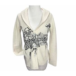 Anthropologie Rosie Neira Cityscape Cardigan S Cream Merino Wool Jacket Art Rare